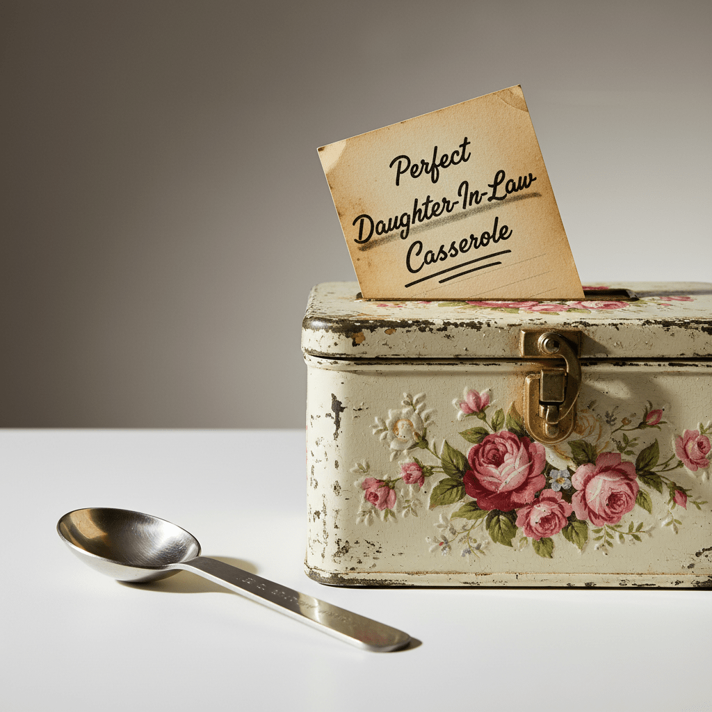 A tightly closed, vintage floral recipe box sits on a stark white kitchen counter, its metal latch slightly bent as if forced shut. A single, yellowed recipe card protrudes just enough to reveal a sarcastic handwritten title: “Perfect Daughter-In-Law Casserole,” in looping, dramatic script. The counter is bare except for a lone stainless-steel measuring spoon casting a long, crisp shadow. Sharp, side lighting from the right sculpts the box’s chipped paint, embossed pattern, and the texture of the aging paper, while the background falls into a soft, minimalist gradient. The mood is biting, secretive, and darkly humorous, like a family recipe for drama. Captured at eye level, close-up, with shallow depth of field, the protruding card is in razor focus against a diffused, photographic backdrop.